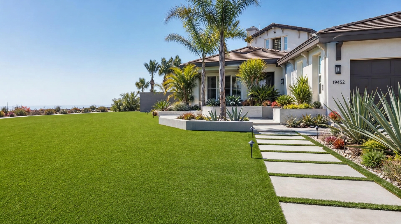 Luxury modern home with premium artificial turf lawn