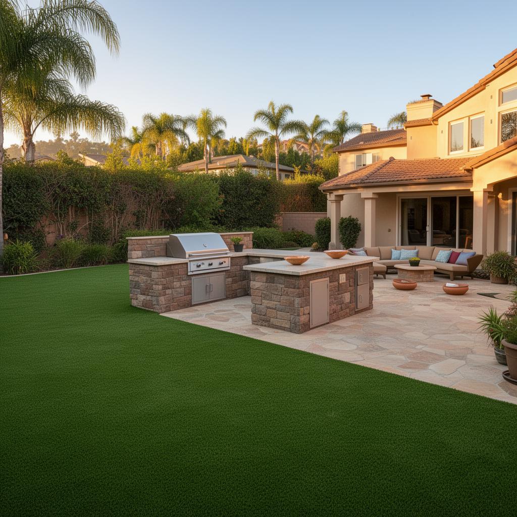 Completed backyard transformation with artificial turf, pavers, and outdoor living