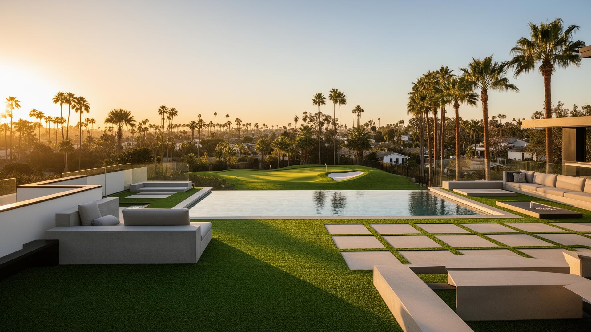 Rooftop turf, modern pool, and pavers at golden hour