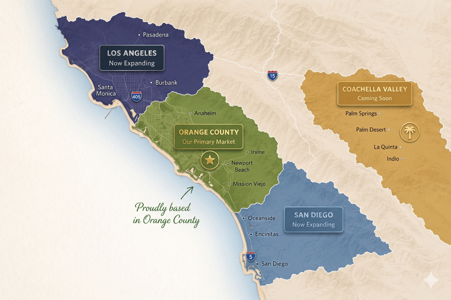 Map of Southern California showing OC Turf Pros service areas: Orange County (primary market), Los Angeles and San Diego (now expanding), and Coachella Valley (coming soon)